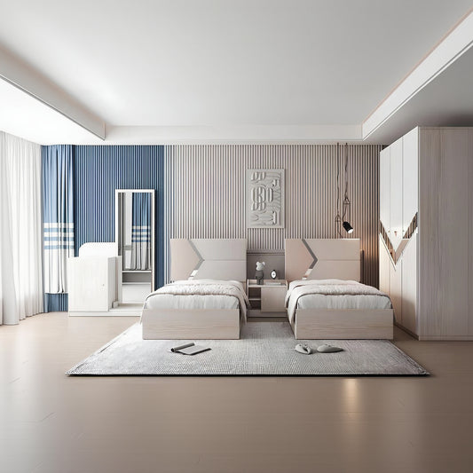 Modern bedroom with two beds, nightstands, and a wardrobe.