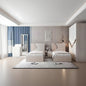 Modern bedroom with two beds, nightstands, and a wardrobe.