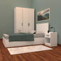 Bedroom set with bed, wardrobe, and nightstand against a green wall.
