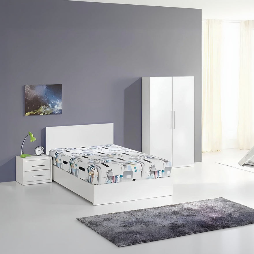 Modern bedroom with white bed, nightstand, and wardrobe against a gray wall.