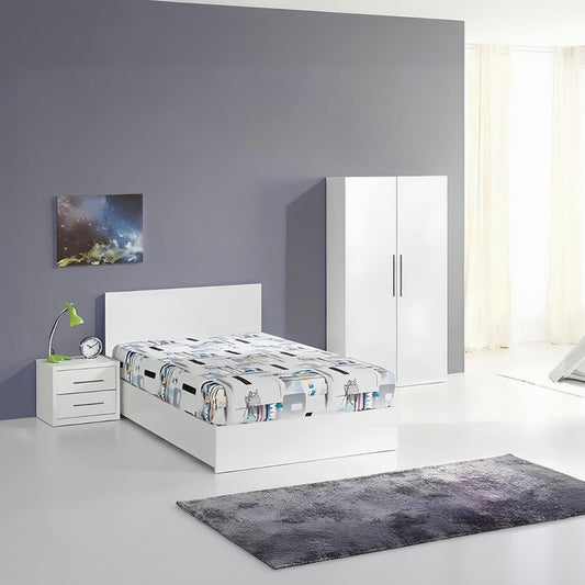 Modern bedroom with white bed, nightstand, and wardrobe against a gray wall.
