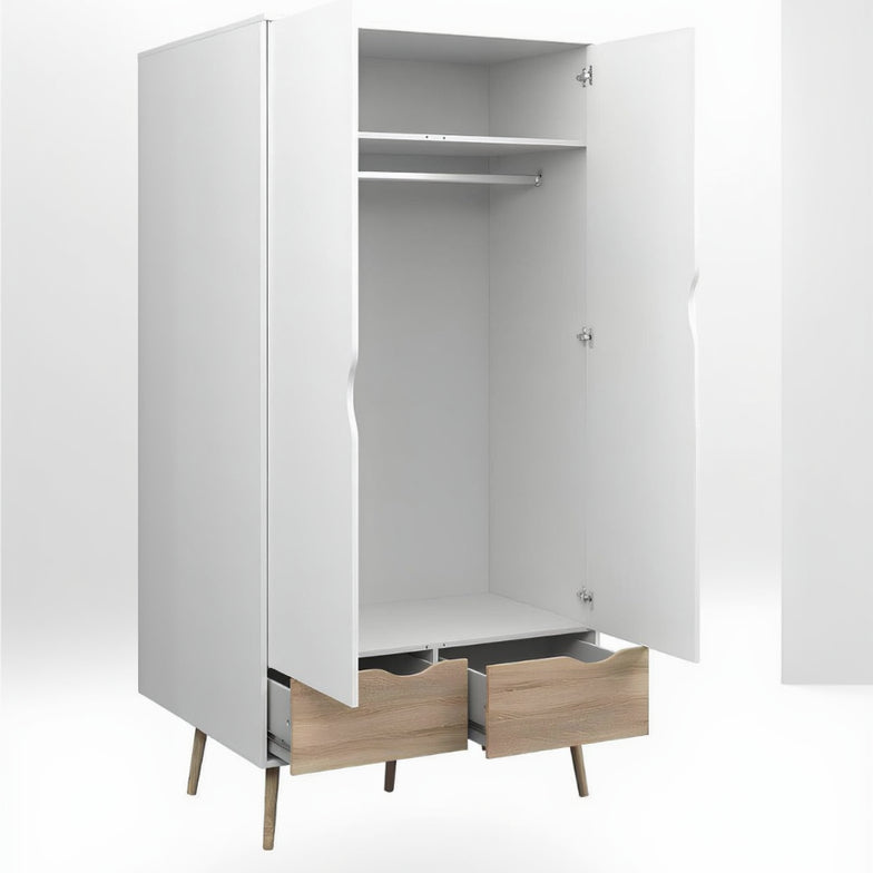 White wardrobe with wooden legs and drawers on a white background