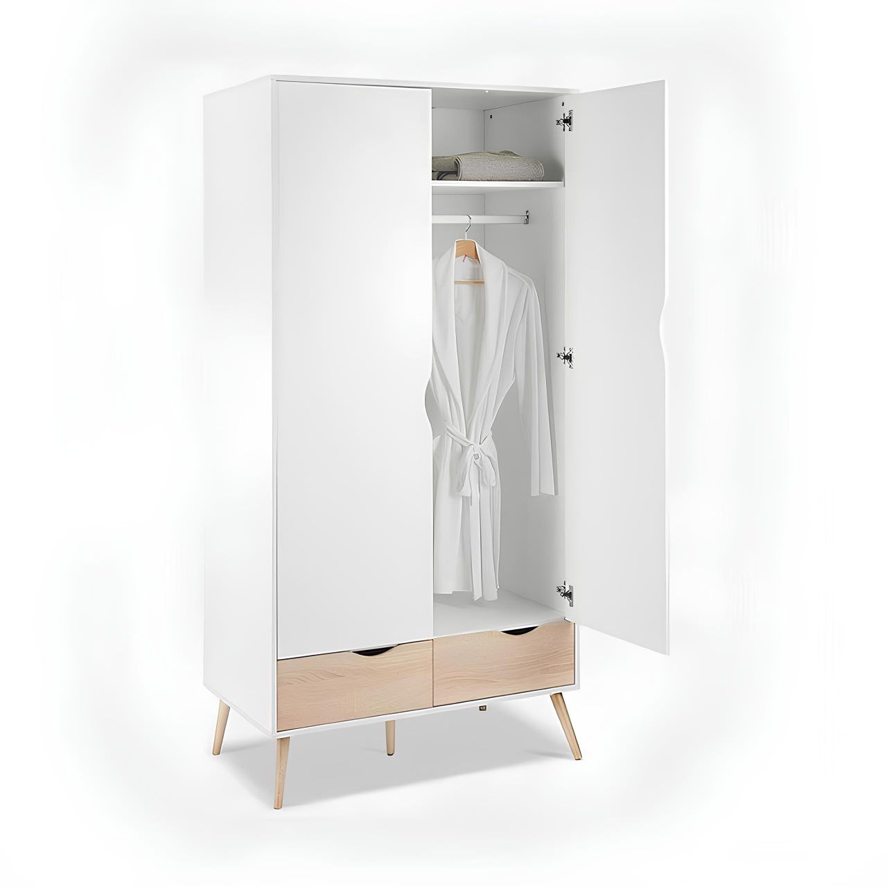 White wardrobe with wooden legs and a robe hanging inside on a white background