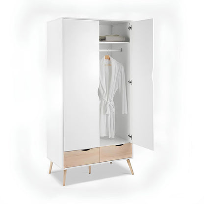 White wardrobe with wooden legs and a robe hanging inside on a white background