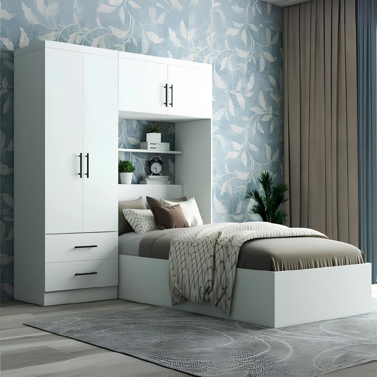 Modern bedroom with white bed and wardrobe against a patterned wall.