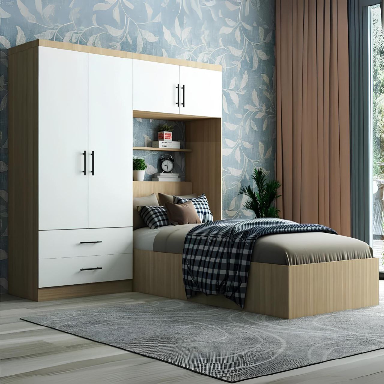 Bedroom with wooden wardrobe and bed against a floral wallpaper wall.